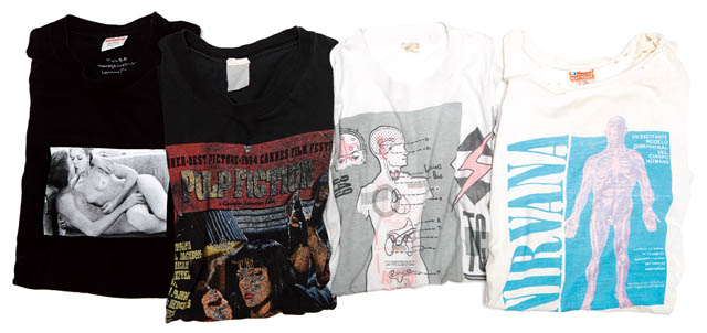 左 Supreme×Larry Clark「Teenage Lust」のフォトT。 左中 「パルプ・フィクション」’94年公開時のもの。 右中 Throbbing Gristleの人体模型デザインTシャツ。 右中 NIRVANAの名曲「SILVER」のプロモーションT 